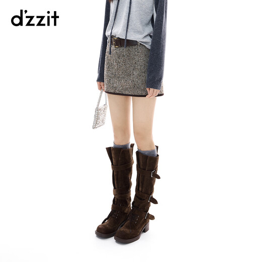 DZZIT shorts 2025 winter new retro style houndstooth hemming design culottes women 3J4Q1503W yellow brown S