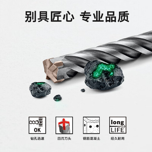 BOSCH Elektro-Hammerbohrer, vier Gruben, 5er-Serie, runder Griff, zwei Gruben, zwei Schlitze, Beton-Steinbohrer, 6 x 100 x 160 mm (1 Packung)