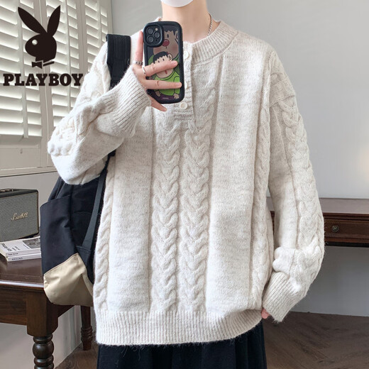 Playboy (PLAYBOY) Henry collar sweater for men in autumn and winter trendy cable pattern blended pullover sweater for men simple warm woolen clothes light gray M about 90-110Jin Jin equals 0.5kg can be worn