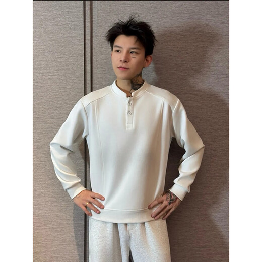 7 excellent products black American henley collar long-sleeved polo shirt for men in autumn deconstructed splicing heavyweight t-shirt right shoulder loose sweatshirt MPFS-T8 white XL