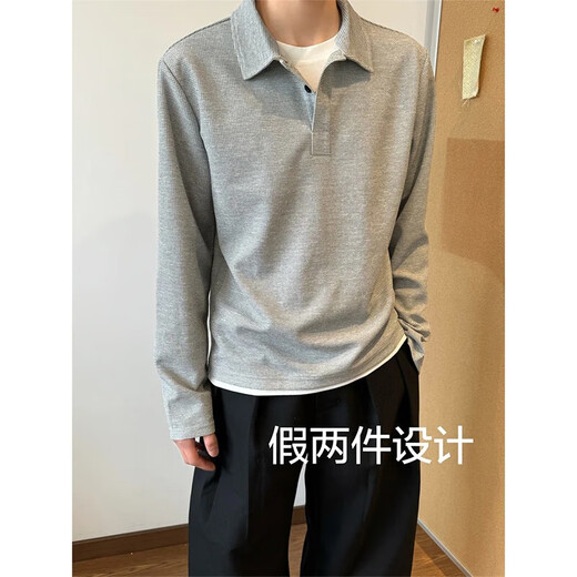 Floral Gray Waffle Henley Collar Long Sleeve T-Shirt Men's Summer American Lapel Polo Shirt Premium Heavyweight Sweatshirt Gray Upgraded M