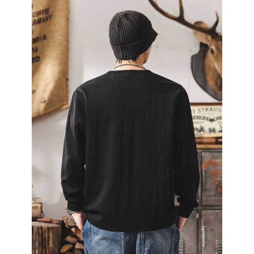 Pop Warm Autumn American Retro Henley Collar Polo Shirt Men's Long Sleeve Autumn New Tough Guy T-Shirt Men's Loose Black Black M _Suitable for 100-125Jin Jin equals 0.5 kg