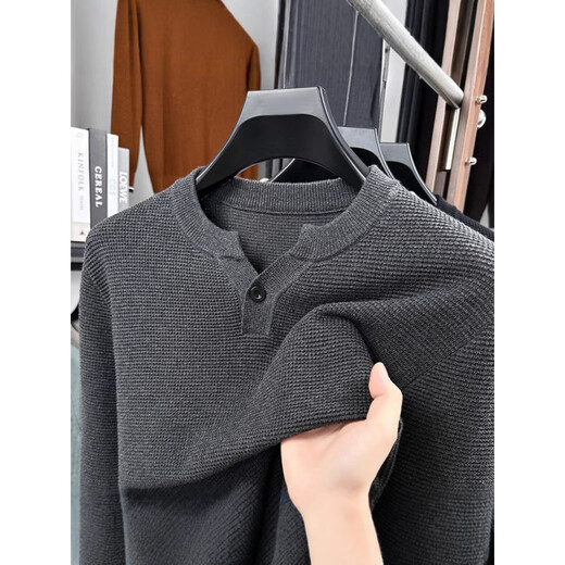 Dances with Wolves (DANCING WOLVES) pineapple pattern Henry collar sweater men's spring and autumn new fashion casual pure cotton texture long-sleeved T-shirt dark gray M 165 ((recommended 100-120)