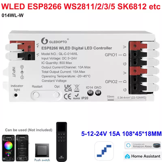 ESP328266WLED Intelligent Digital LED Colorful Light with Controller DC5-24V with MIC Music Download 014W White WLED15A+ Colorful