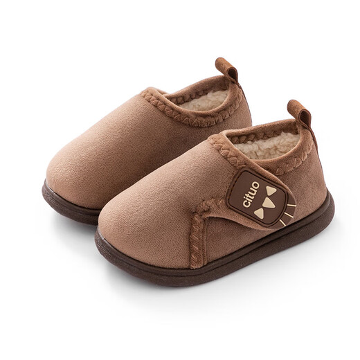 Children's cotton shoes, cute women's winter indoor and outdoor boys' bag-heeled home shoes with Velcro and velvet soft soles, non-slip cotton slippers, brown 18 180, suitable for feet length 16.9-17.8cm