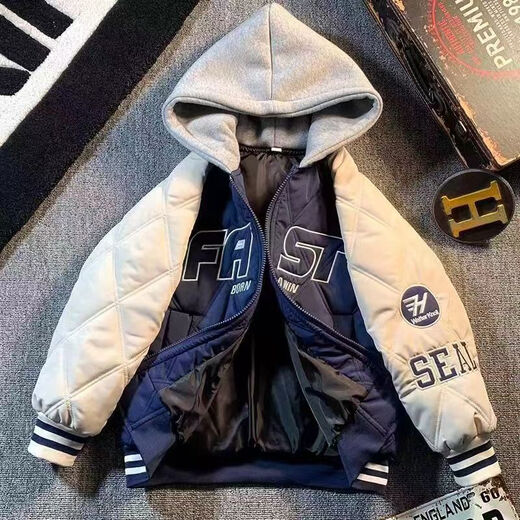 Boys' winter cotton clothing, medium and large children's loose baseball uniforms, children's loose autumn and winter quilted jackets 2025 new tops, blue second cotton baseball uniforms 120 120cm recommended height 1 point 1 meter