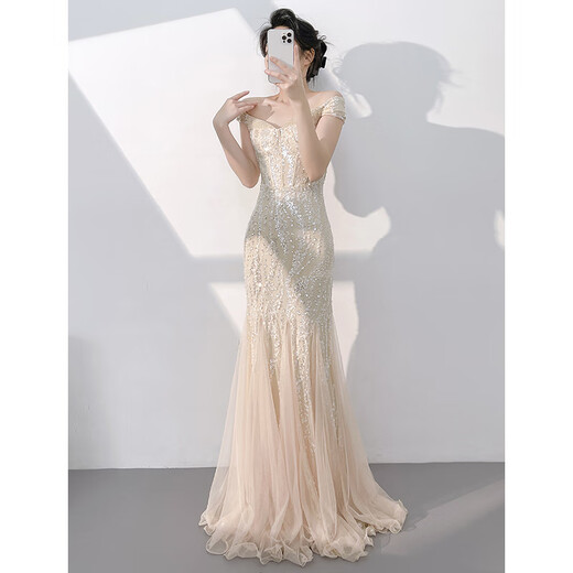 ACJK champagne color evening dress for women 2025 new style, stunning temperament, host one-shoulder fishtail sequined long dress champagne color_ready in stock L