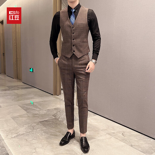 Hongdou Men's Suit Korean Style Slim Groom Wedding Formal Youth Casual Business British Banquet Dress Dark Gray Single Suit M