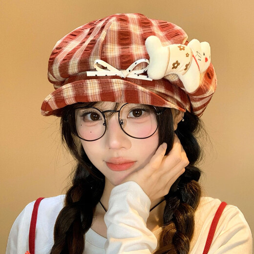QUEEN TRIP Cute Kitten Bow Plaid Beret Women's Face Revealing Small Flap Octagon Hat Big Head Newsboy Painter Hat Red-Kitten Bow Plaid Beret