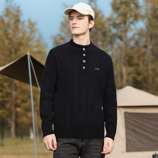 JEEP heavy henley collar sweater autumn new classic old money style diamond pattern long-sleeved sweater for men black M