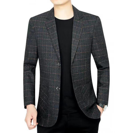 Men's Spring and Autumn Suit Middle-aged Men's Casual Plaid Casual Clothes Single Suit Dad's Loose Iron-Free Jacket Gray 2105 XL 180 135-150Jin Jin equals 0.5 kg