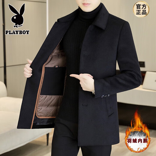 Playboy Woolen Coat Men's Mid-Length Lapel Woolen Windbreaker Men's Autumn and Winter Down Liner Jacket Men's Thickened Black + Down Liner XL Recommended 146Jin Jin is equal to less than 0.5kg