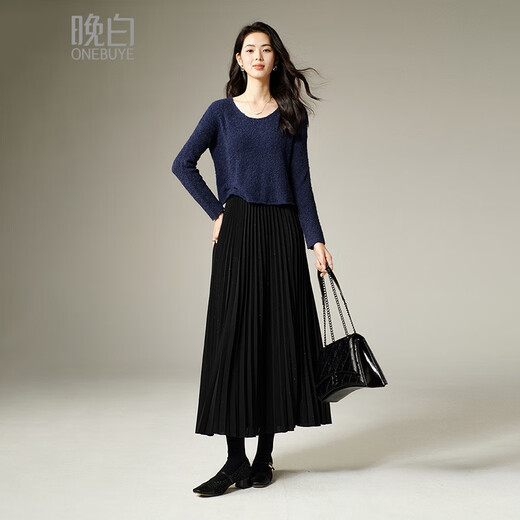 Late White 2025 Winter Premium Casual Sweater Temperament Loose Round Neck Wool Solid Color Sweater Women Dark Blue L