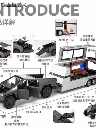 Yusenyi Alloy mini remote control off-road Tesla car Cyber pickup truck high-speed tiltable car desktop 1 32 Tesla pickup RV full set green