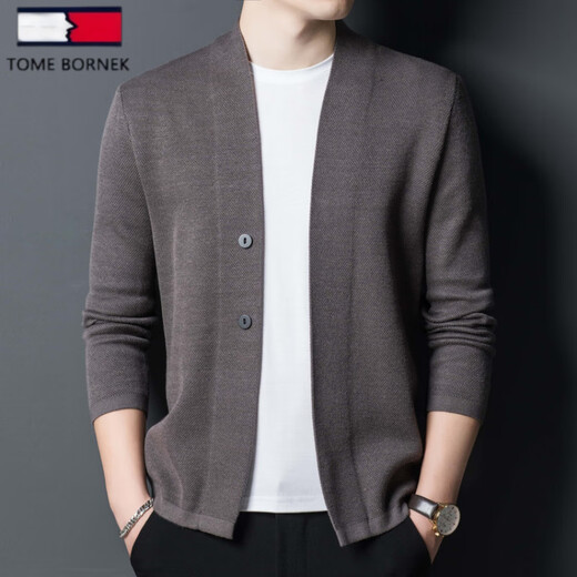 TOME BORNEK 2025 autumn new long-sleeved men's slim-fit sweater casual solid color thickened blended wool cardigan sweater camel XL 175