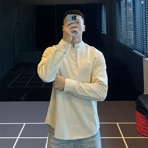 IRONTRAP pure cotton Henry collar loose Japanese shirt men's daily commuting shirt arc hem long sleeve autumn and winter white M