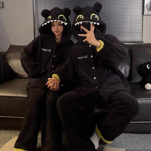 Couple pajamas winter plus velvet cartoon couple pajamas coral velvet winter one man and one woman thickened plus velvet hooded winter Toothless black and gray hooded top + pants single set 2XL male 155-180Jin Jin is equal to 0.5 kg