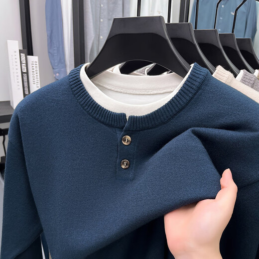 EMZ Ordos fake two-piece set Henry collar sweater for young men spring and autumn long-sleeved simple fashionable casual versatile black S 165