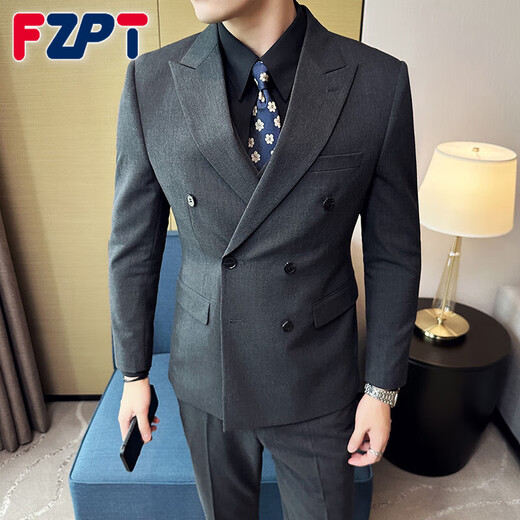 FZPT light luxury trendy brand suit men's 2025 autumn and winter new high-end business fashion casual double-breasted dress suit gray single suit + trousers 2XL recommended 135-150Jin Jin equals 0.5 kg
