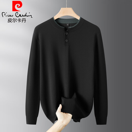 Pierre Cardin 2025 Autumn and Winter Large Size Henley Collar Sweater Men's Casual Button Sweater New Versatile Plus Fat Oversized Bottoming Shirt Black XL 120-140Jin Jin equals 0.5 kg