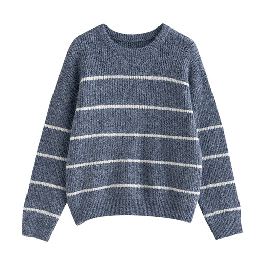 Chuyu sweater women's 2025 winter new style lazy striped round neck loose off-shoulder alpaca yarn slimming top light blue M