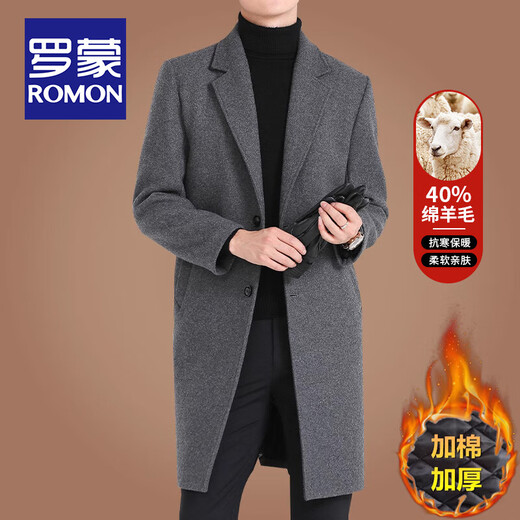 ROMON mid-length woolen coat for men, autumn and winter business casual, cotton-thickened windbreaker, men's warm woolen coat, black woolen (40% sheep wool) L/175 size (recommended 125-140Jin Jin equals 0.5kg to wear)
