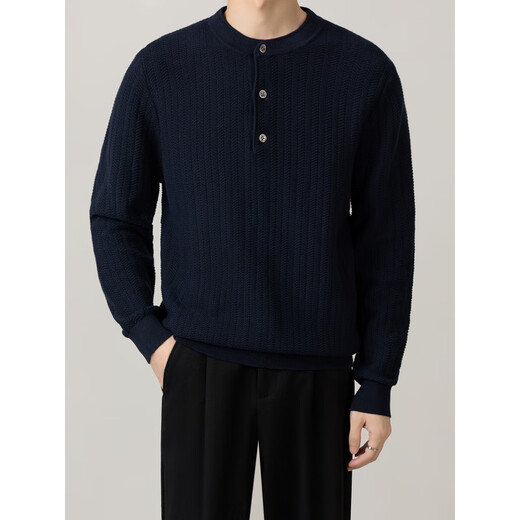LUMILOTUS light luxury new brand jacquard henley collar sweater men's autumn and winter new casual versatile business long-sleeved inner sapphire blue M