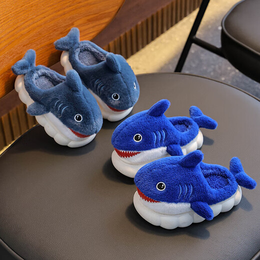 Winter children's cotton slippers, boy's shark bag heel, warm and furry, cute girl's home baby anti-slip cotton slippers, blue slippers 12, 28/29 size (shoe length 17CM, suitable for feet 16
