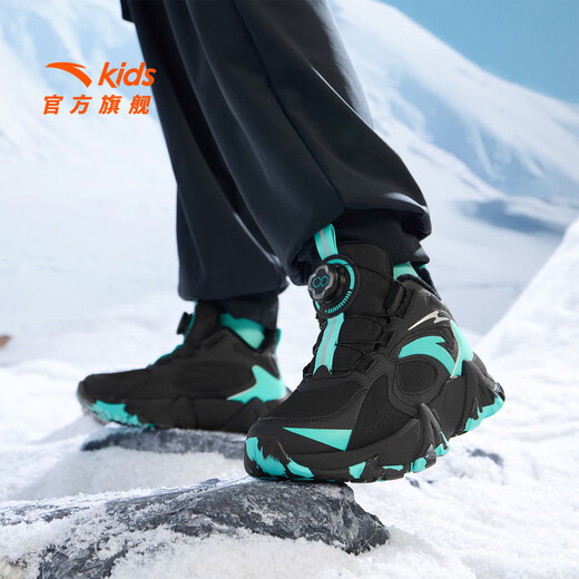 Anta children's cotton shoes for boys and girls winter non-slip knob buckle high top plus velvet warm outdoor snow boots two cotton shoes store manager recommended black/fluorescent aqua-4 35 shoe inner length 22cm