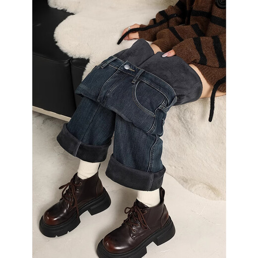 Cotton plus velvet thickened slightly flared wide-leg jeans for women autumn and winter new high-waisted loose straight casual pants for small people 1101 retro blue plus velvet high quality L 105-115Jin Jin is equal to 0.5 kg