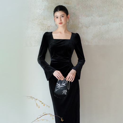 Chu Chan Clothes Mo Qi New Chinese Style Velvet Dress Women 2025 Autumn New Slim Fit Hepburn Style Little Black Dress Black M (Pre-order)