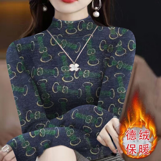 Ouyu half turtleneck double-sided German velvet thickened bottoming shirt women's autumn and winter new style slim-fitting inner shirt top Navy blue chain XL recommended 110-120Jin Jin equals 0.5 kg