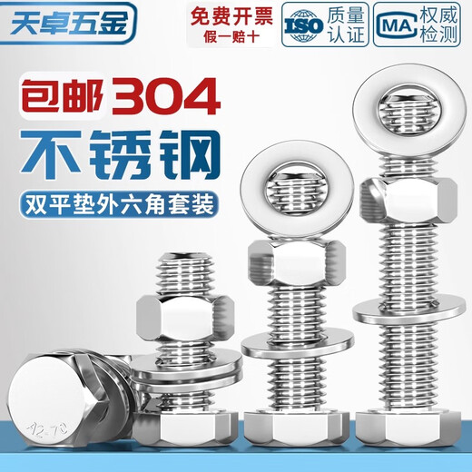 Tianzhuo Hardware 304 stainless steel external hexagonal screw nut set complete accessories double flat pad bolt extension screw M3-M20 M16*500 1 set