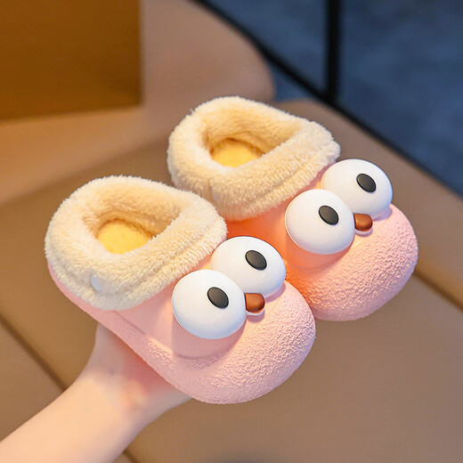 Dahui children's cotton slippers for girls, cute slippers for home use in autumn and winter, new velvet baby warm indoor slippers, big eye pink - size 26/27, inner length 17cm