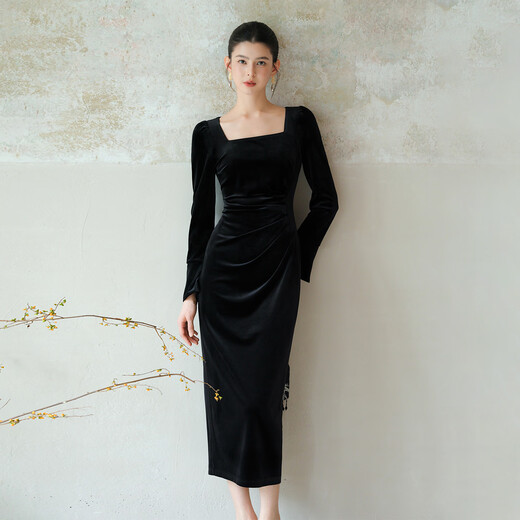 Chu Chan Clothes Mo Qi New Chinese Style Velvet Dress Women 2025 Autumn New Slim Fit Hepburn Style Little Black Dress Black M (Pre-order)