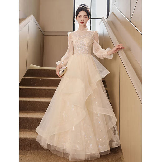 Ovivo wedding dress bridal main yarn 2025 champagne color evening dress skirt female end banquet host birthday art test adult champagne color S