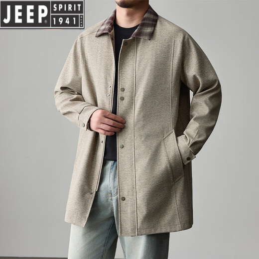 JEEP SPIRIT Men's Spring and Autumn Mid-length Jacket Large Size Fat People Loose Trendy Handsome Casual Versatile Windbreaker Solid Color Jacket Khaki 2XL