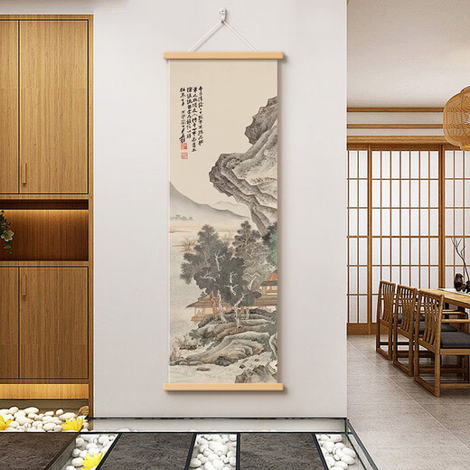 新中式山光水色玄关装饰画茶室背景墙挂画书法山水画禅意竖版壁画 15904山光水色E 宽20CM*高60CM原木色（松木挂轴）+麻绳1