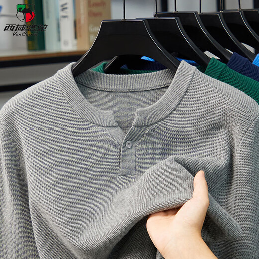 Western Camel (VANCAMEL) high-end pure cotton Henry collar men's sweater thickened autumn and winter new solid color anti-pilling pullover bottoming trendy long-sleeved black 4XL
