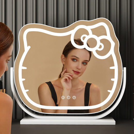 Mirror Kitty Makeup Mirror LED Desktop with Lights Smart Rechargeable Bedroom Makeup Mirror Hello Kitty Internet Celebrity Mirror Cat Large Milky White_Rechargeable Model