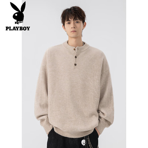 Playboy (PLAYBOY) brand sweater men's new winter henley collar sweater men's Japanese loose casual simple bottoming shirt men's apricot M