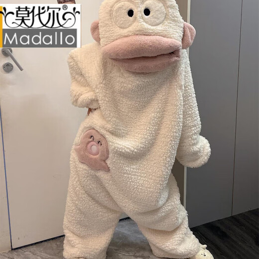 Modal Ugly Fish Big Mouth Fish One-piece Coral Velvet Pajamas for Women Autumn and Winter Funny Thickened Warm Large Size Plush Home Clothes Little White Fish Shoes L Size Recommended Height 163-170cm