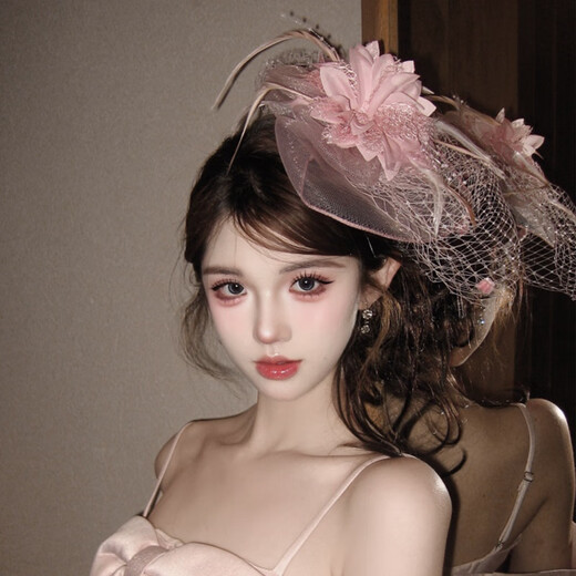Lu Shanwu top hat female French socialite pink mesh temperament elegant high-end hair accessories daughter banquet bride headdress veil feather flower top hat pink