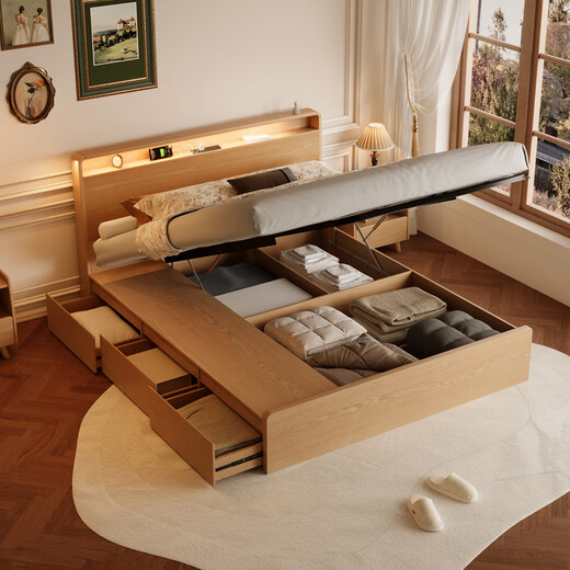 Zhenxiangjia all solid wood bed double bed modern simple oak high box bed air pressure storage bed with drawer bed bedroom furniture solid wood color | oak bed (single bed) luxury version thickened row frame 1.8*2.0m air pressure structure