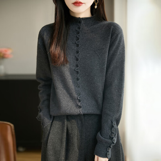 La Chapelle French old money style lace button design sweater for women 2025 autumn and winter thickened warm and stylish bottoming sweater dark gray L recommended 110-130Jin Jin equals 0.5 kg