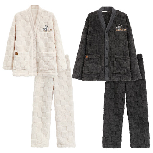 Langsha Couple Pajamas Autumn and Winter Coral Velvet Plus Velvet Thickened Men and Women Warm and Wearable Cartoon Home 2-piece Set Line Bear L Women's Style