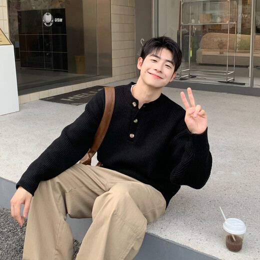 FOG SKY sweater men's autumn and winter black Henry collar half cardigan loose American versatile lazy style knitted top BGM-JM25821 black L (recommended 110-130Jin Jin equals 0.5 kg)