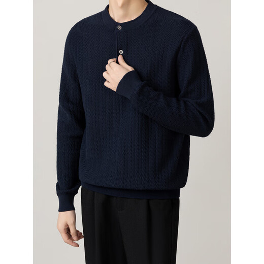 LUMILOTUS light luxury new brand jacquard henley collar sweater men's autumn and winter new casual versatile business long-sleeved inner sapphire blue M
