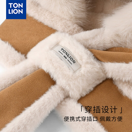 TonLion plush scarf integrated plus velvet thickened warm pullover hat scarf hooded women's winter cycling ear protection Lei Feng hat beige