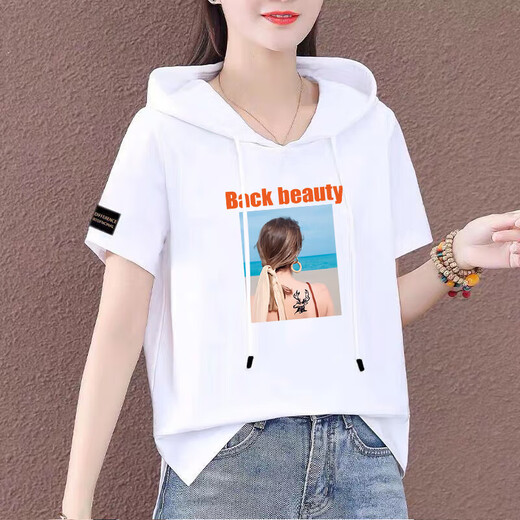 熊司令有戴带帽孑的棉半袖女帽衫短袖t恤连帽女装新款夏季宽松半截袖 蓝色-687袖子标 2XL 2xl